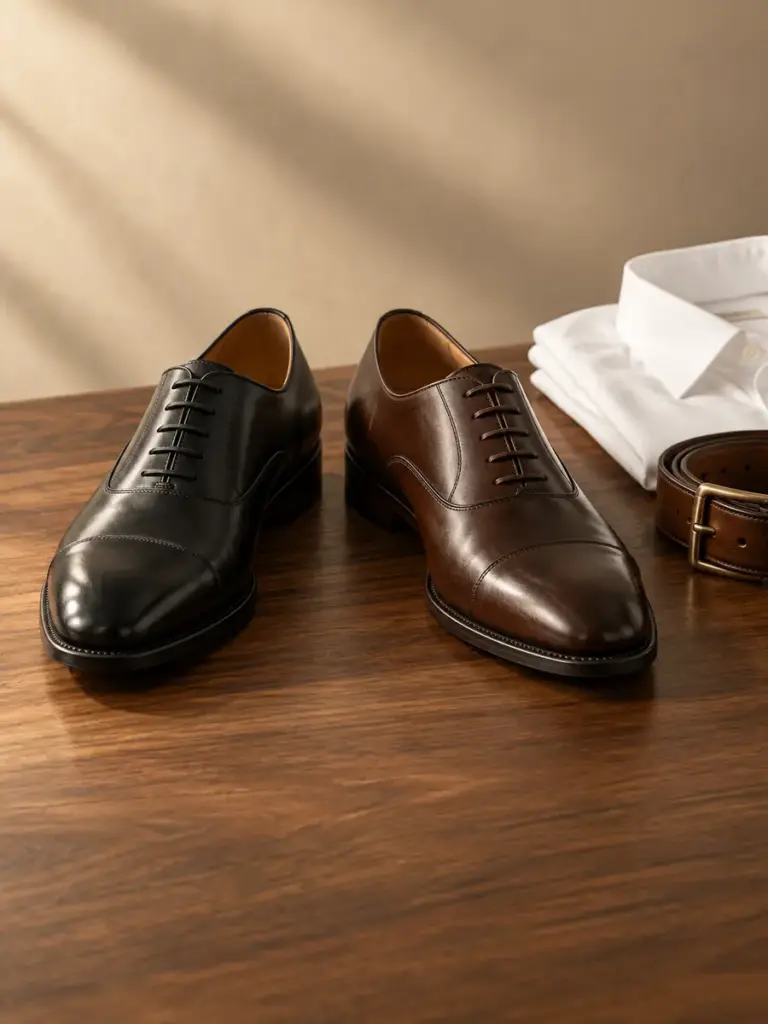 Black and dark brown leather oxford shoes beside a folded white shirt and belt