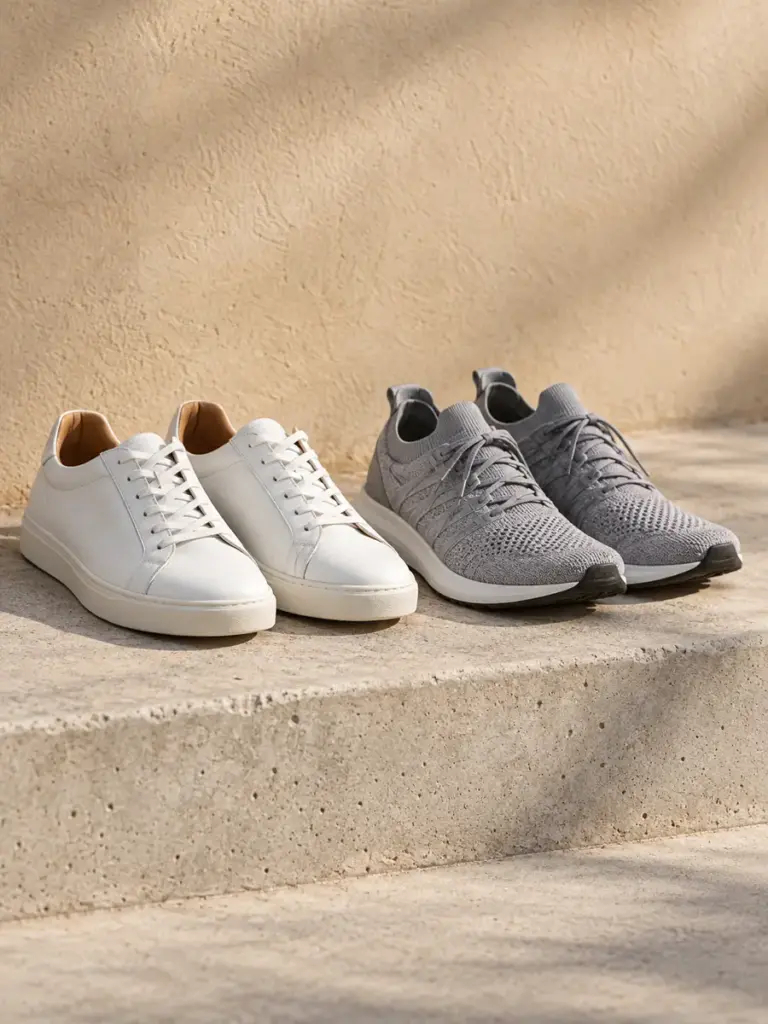 White leather sneakers and grey knit running shoes on a stone step
