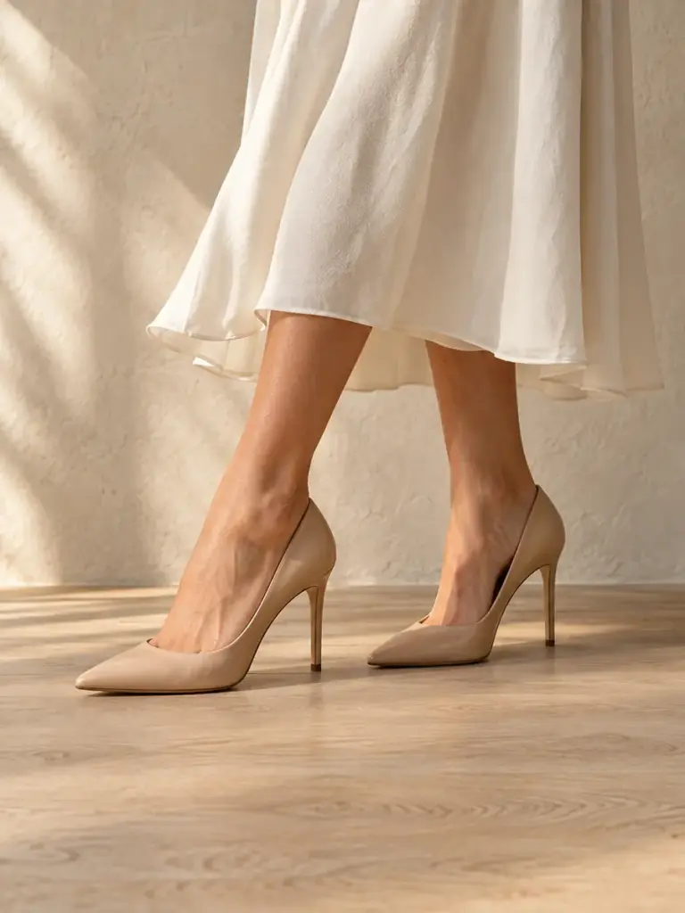 Woman wearing nude pointed-toe heels and a cream midi skirt