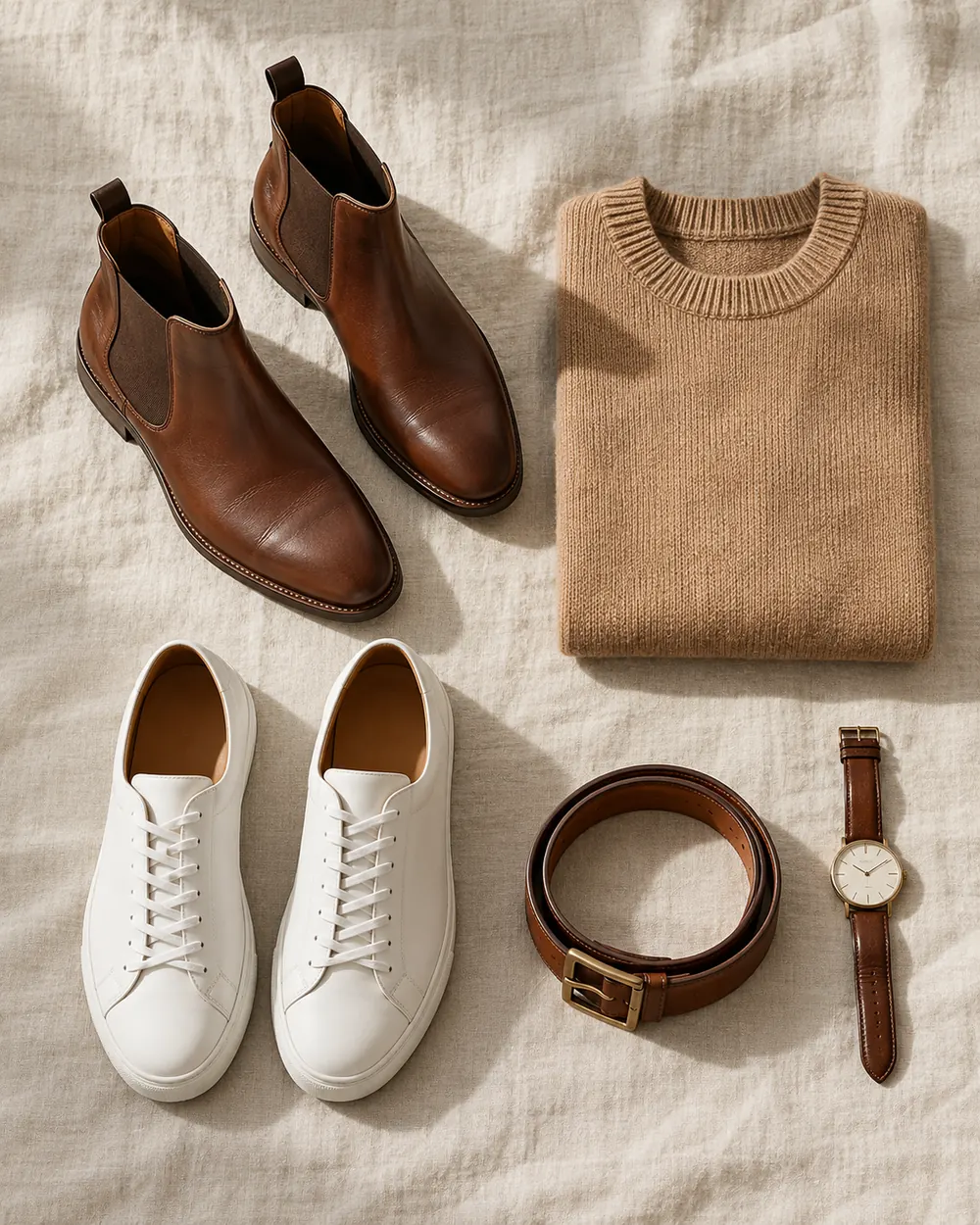 Brown leather chelsea boots, white sneakers, a camel sweater, belt and watch laid out on linen
