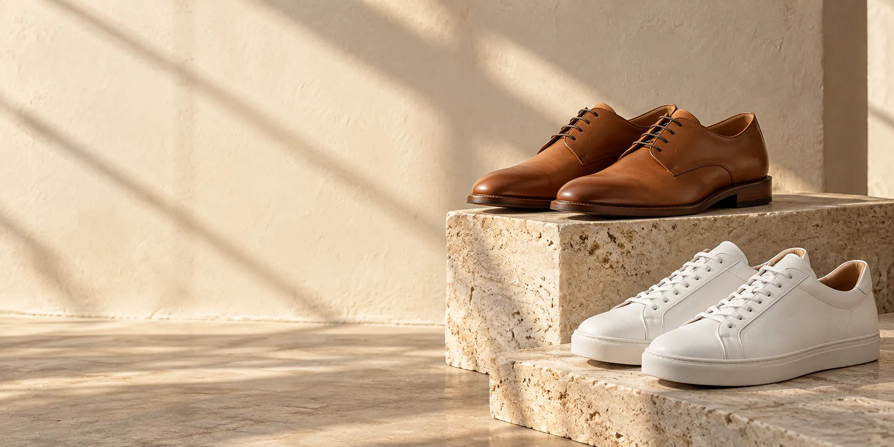 Tan leather derby shoes and white leather sneakers on travertine stone blocks in warm sunlight