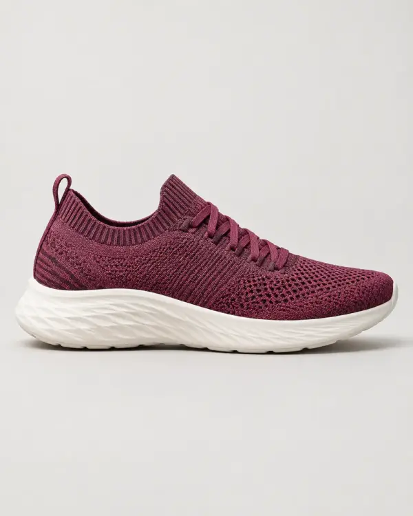 Knit Trainer in plum knit, side view