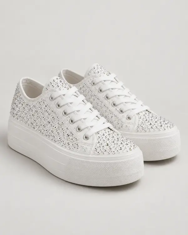 Sparkle Platform Sneaker in white embellished canvas, pair