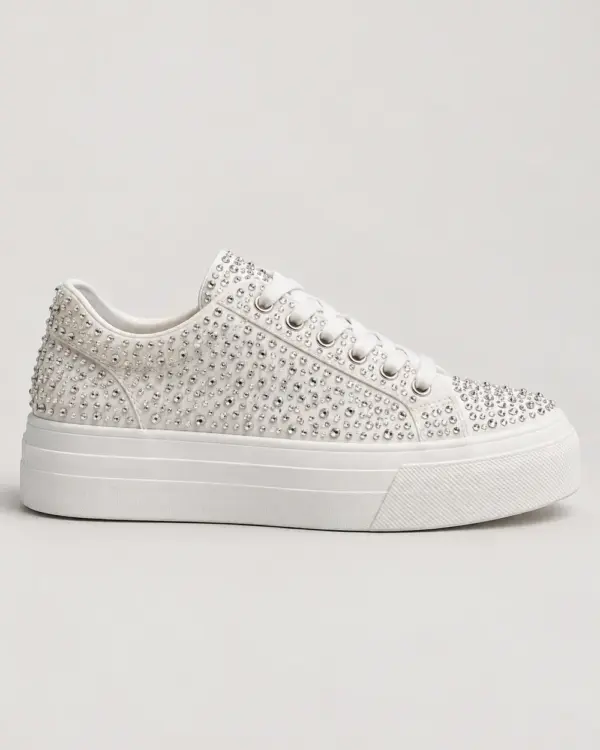 Sparkle Platform Sneaker in white embellished canvas, side view