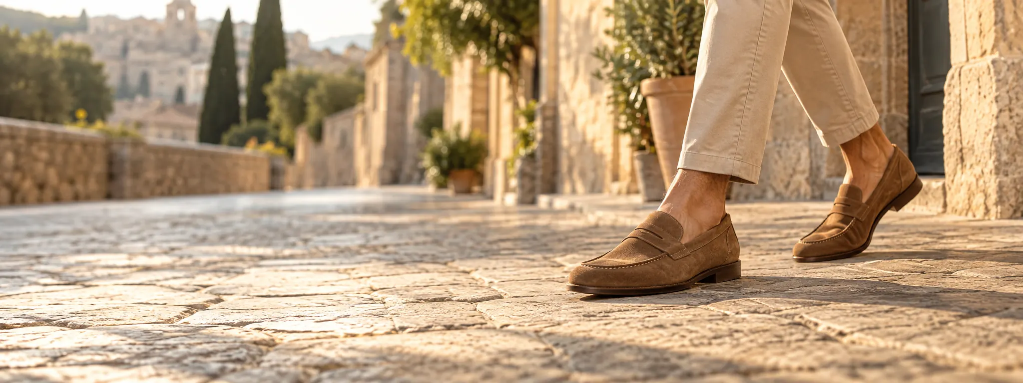 Person walking on a sunlit stone street in tan suede loafers
